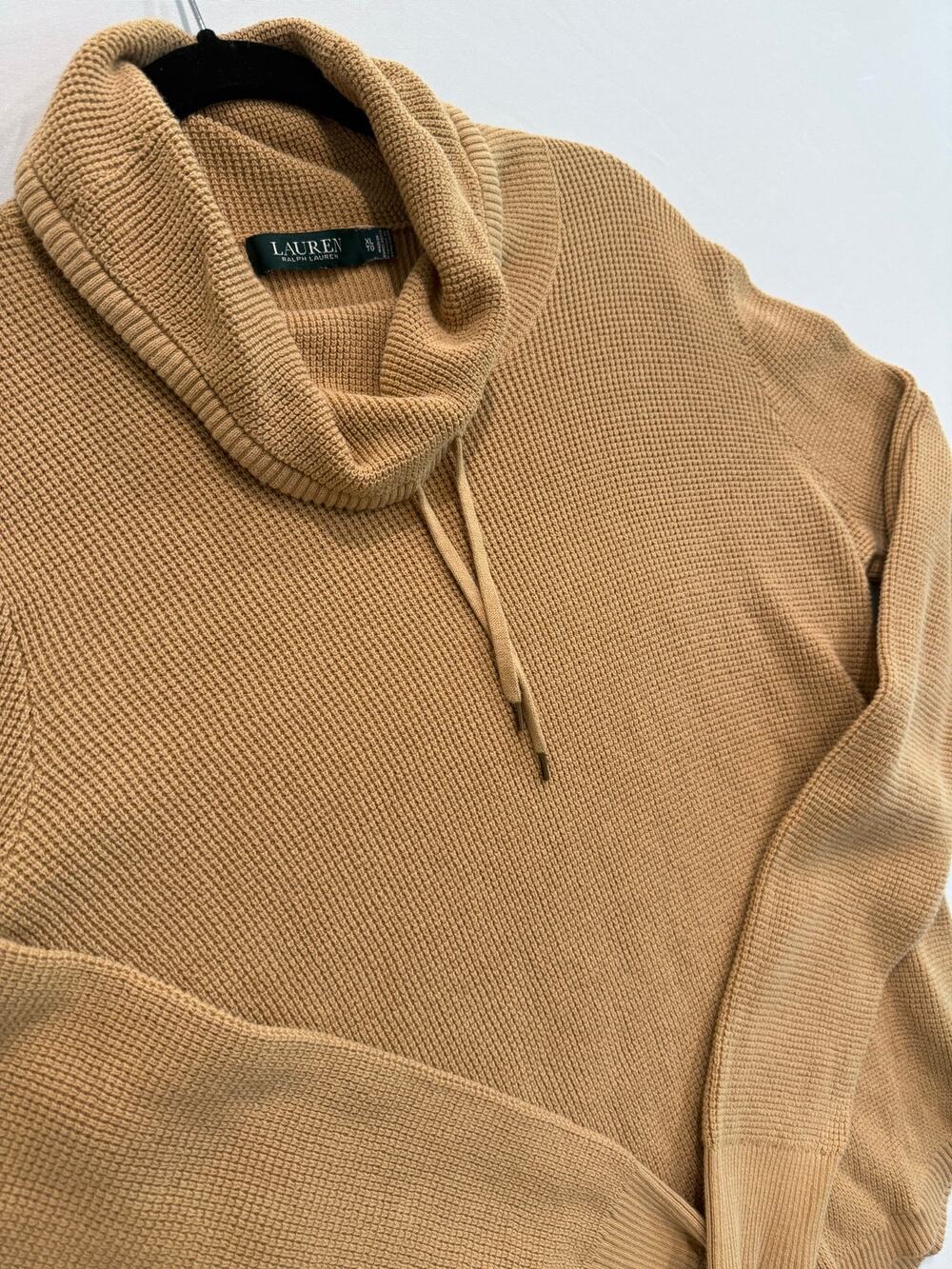 Lauren Ralph Lauren XL Camel Waffle Knit Cowl Neck Cotton Sweater Drawstring